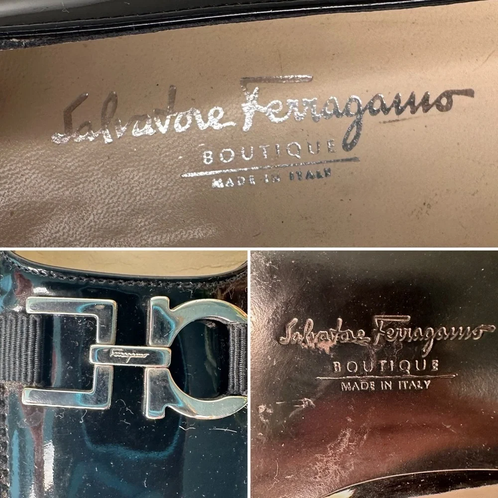 SALVATORE FERRAGAMO Vintage Letizia Black Patent Leather Pumps 7.5B | Gancini - Picture 9 of 10